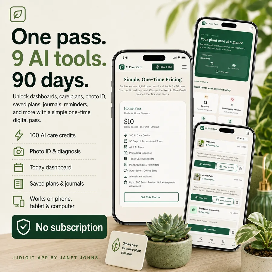 AI Plant Care Guide overview showing one pass, nine AI tools, 90-day access, and no subscription