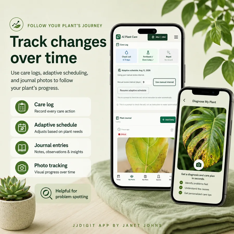 Care logs, adaptive scheduling, journal entries, photo tracking, and plant diagnosis