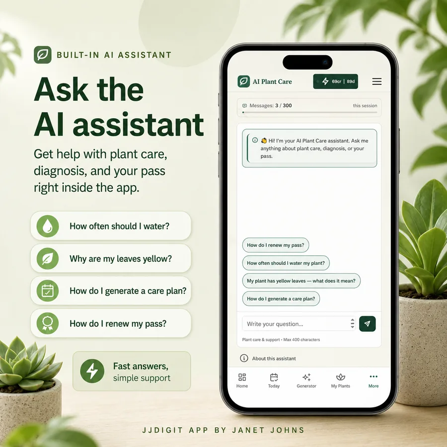 Built-in AI assistant answering plant-care, diagnosis, and access-pass questions