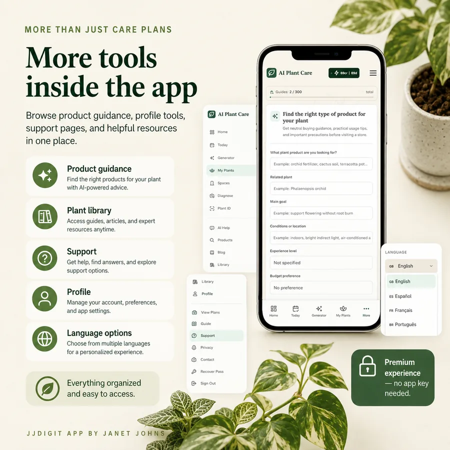 Product guidance, plant library, support, profile, and language options inside the app
